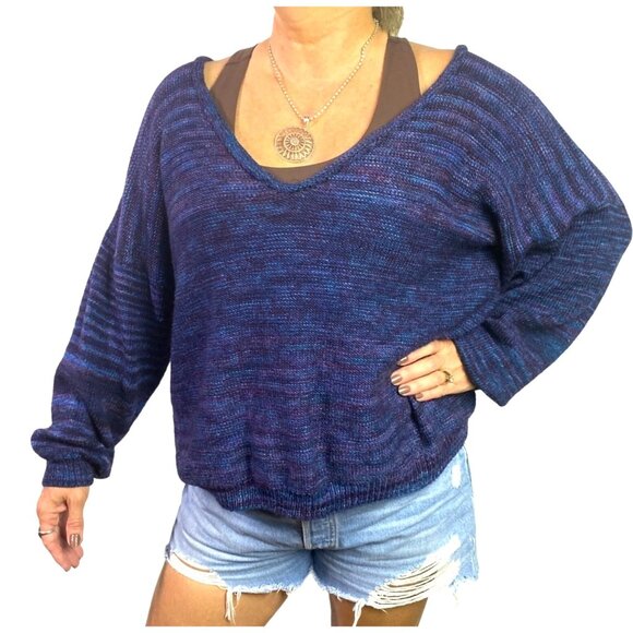 Hand Knit off shoulder Sweater V-Neck Long Sleeve Purple & Blue Size L handmade - Picture 2 of 6